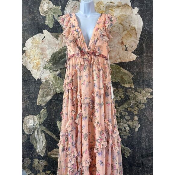 New Mac Ieena Duggal 68090 - Plunging V-Neck Floral Evening Gown Size 2 - Picture 5 of 12